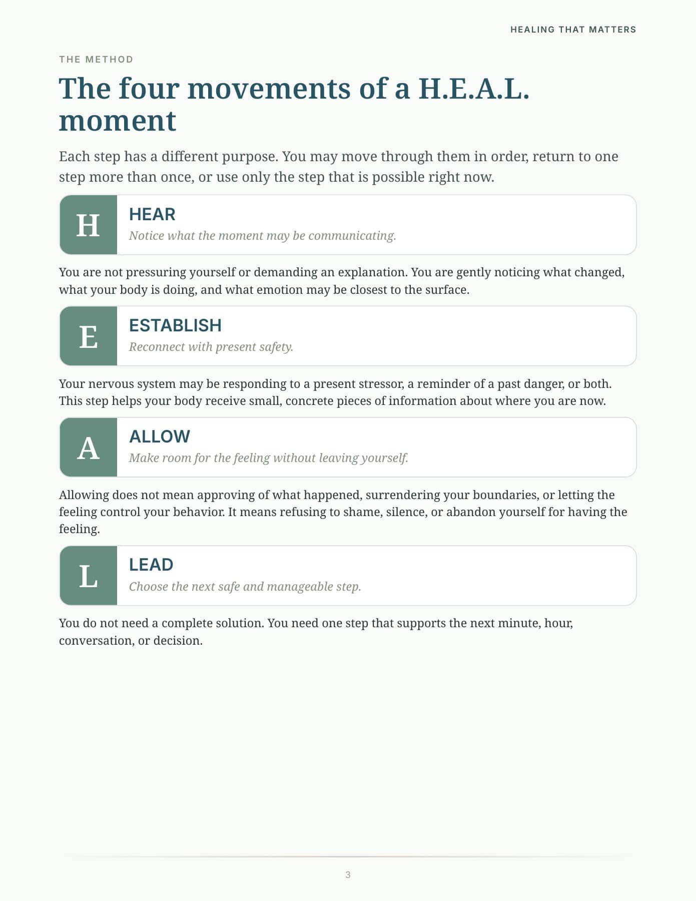 The four movements of a H.E.A.L. moment, page 3 of the free guide
